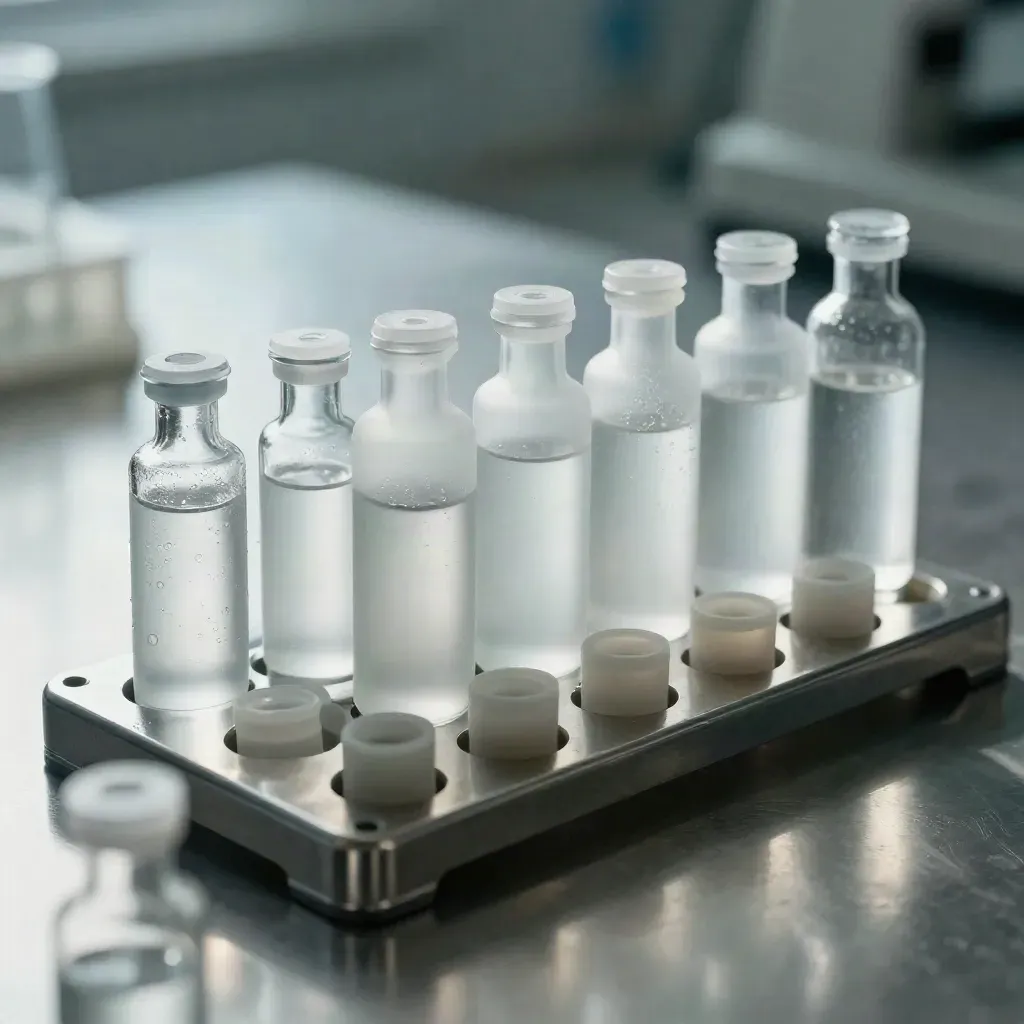 Frosted lab vials and an aluminium rack on brushed steel in cool sterile light.