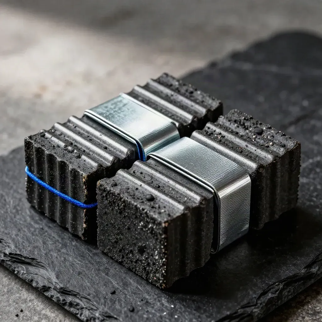 Logistics hardware arranged on black stone under hard directional light.