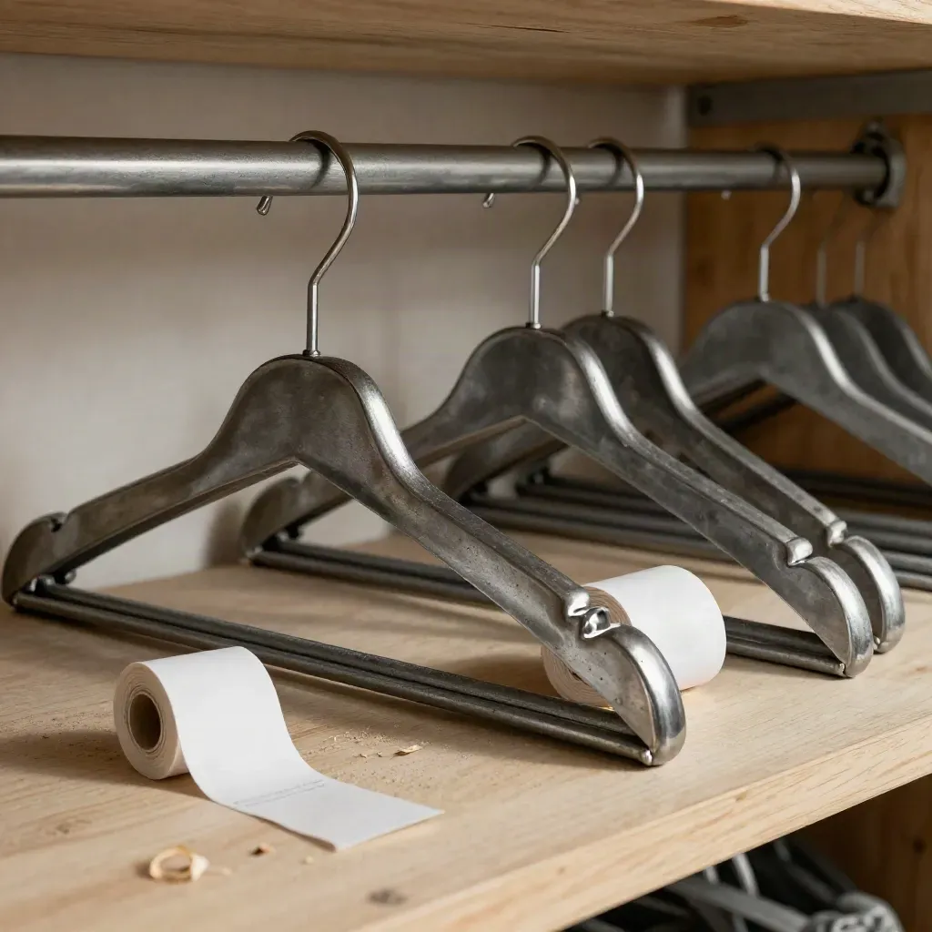 Shelf brackets, hangers, and receipt-roll core styled on pale wood under soft daylight.