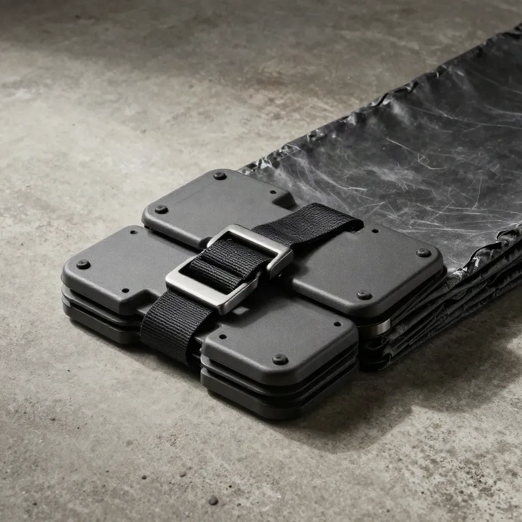 Cargo corner guards, webbing buckle, and folded tarp on dusty concrete, top-down product still life.