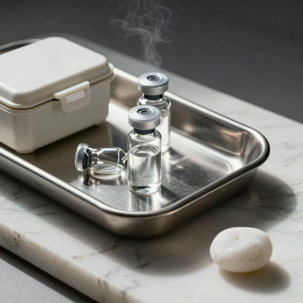 Stainless medical tray, capped vials, and glove box on white stone in dramatic clinical light.