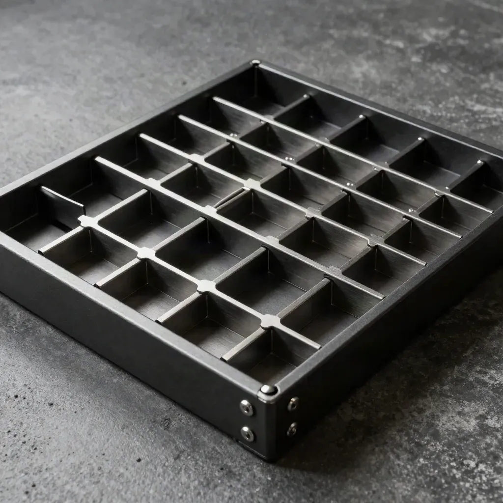 Top-down macro of modular tray dividers and file rails on graphite concrete