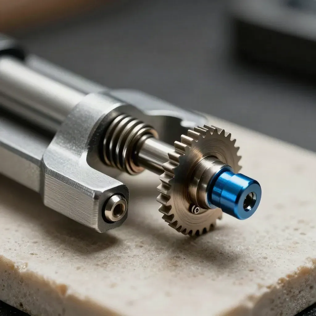 Spring clamp, ratchet latch, and timing wheel on pale stone in dramatic light.