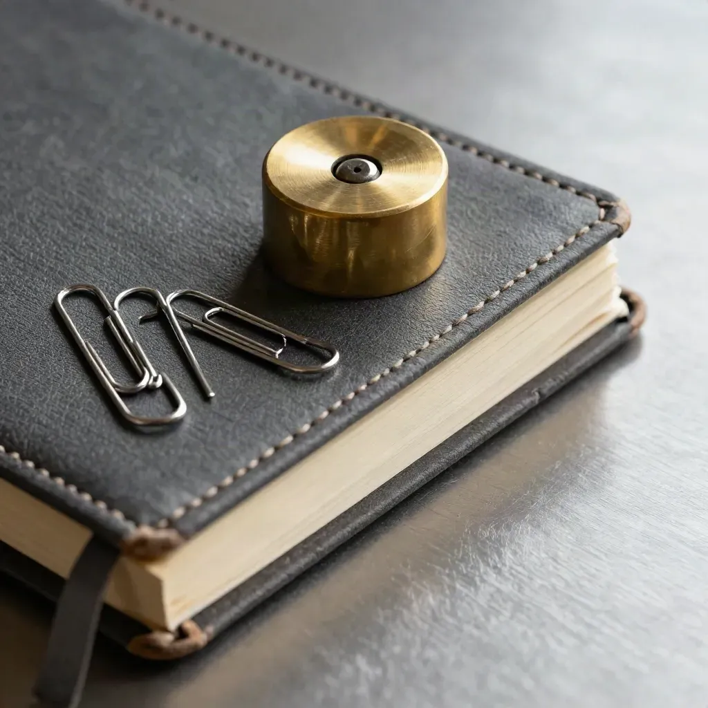 Closed field notebook with brass paperweight and paper clips on brushed metal.