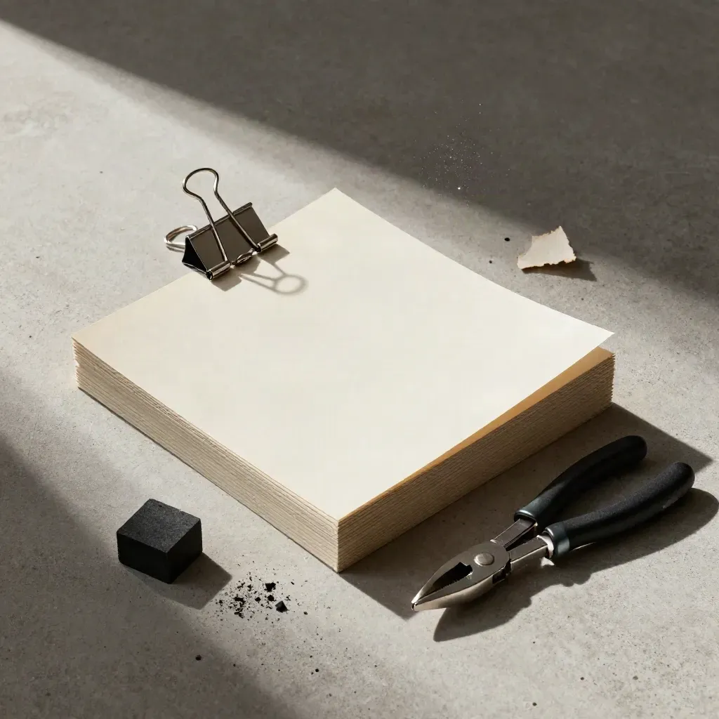 Overhead still life of die-cut paper, binder clip, and punch pliers on pale concrete.