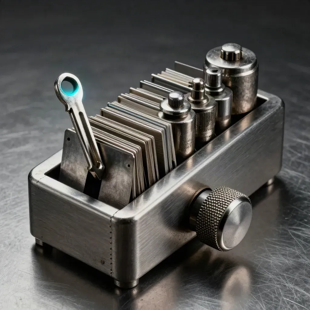 Macro of tally counter, archive tabs, and metal weights on brushed steel under hard sidelight.