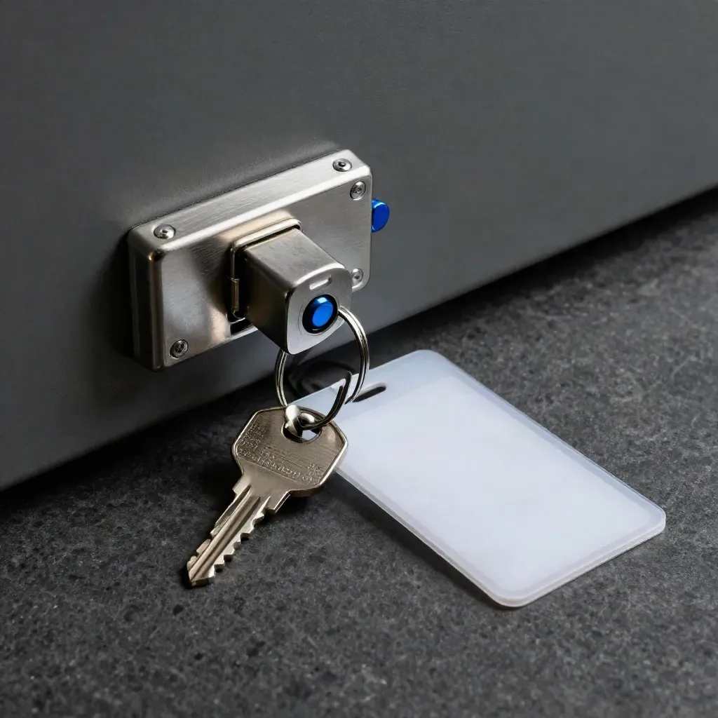 Cabinet latch, key ring, and access card sleeve on dark graphite stone with hard studio light.