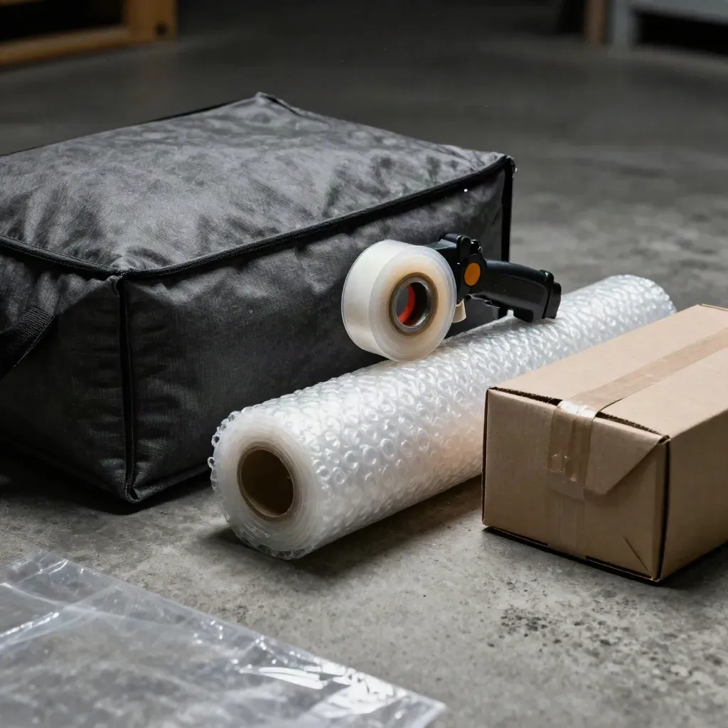 Shipping pouch, tape gun, bubble wrap, and parcel box on concrete, viewed through clear plastic.