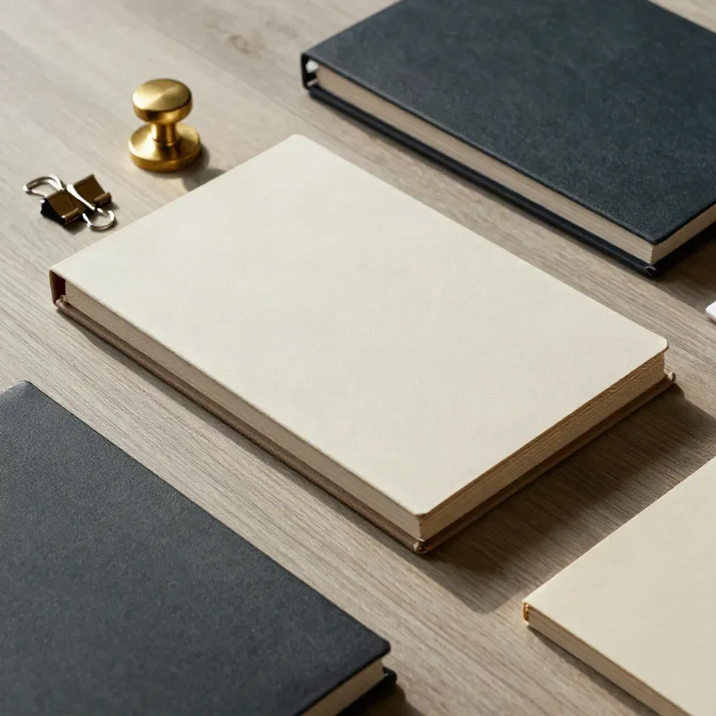 Top-down office still life with closed planners, clips, brass seal, and tray divider on pale wood.