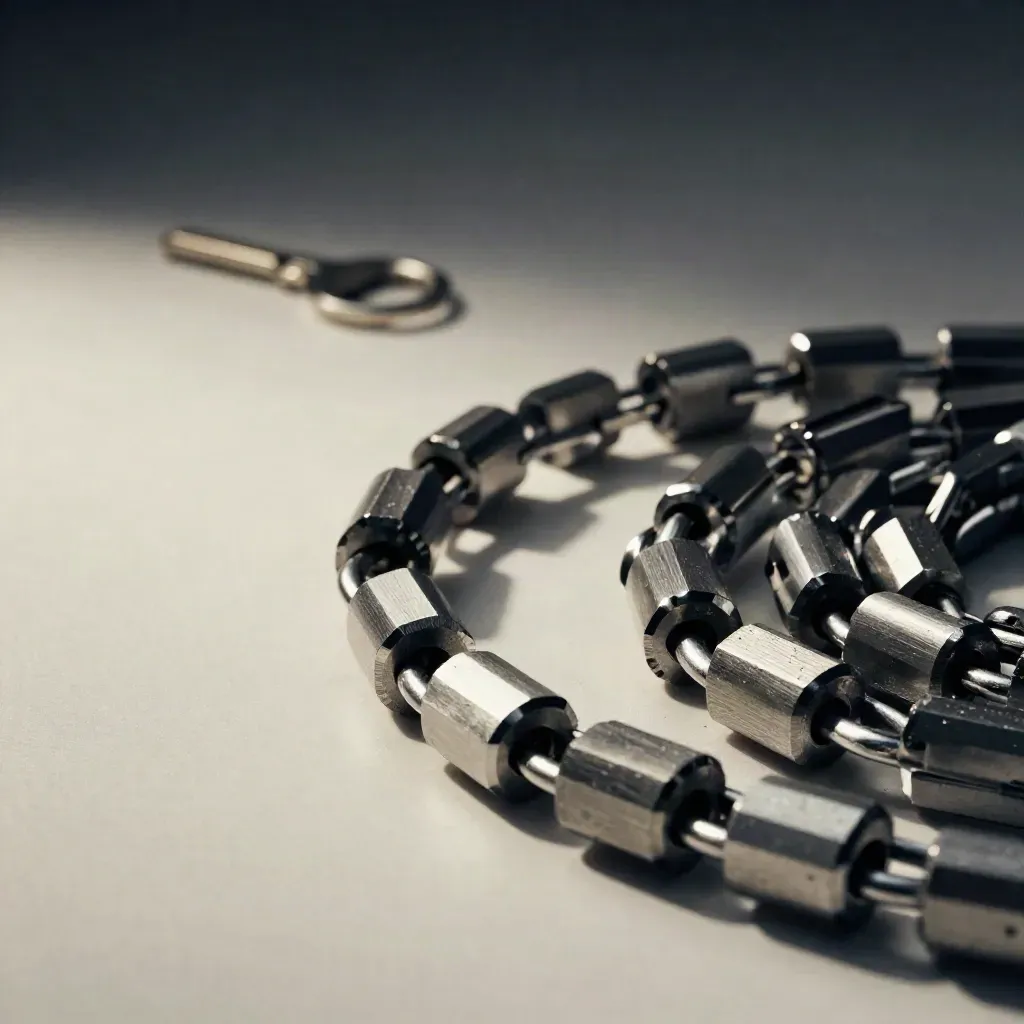 Machined blocks and metal connectors linked on brushed aluminium, lit dramatically.