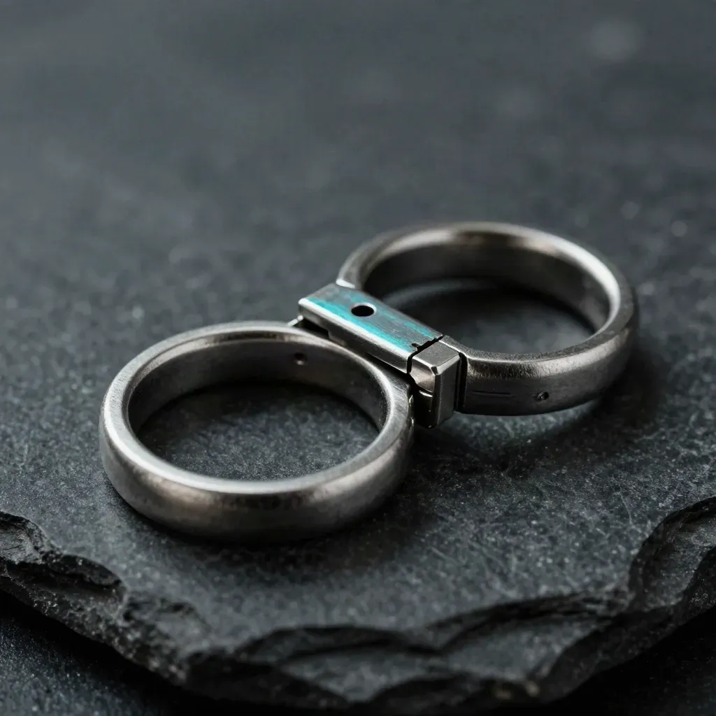 Macro of nested rings, hinge plates and spacer pin on dark stone with soft haze and cyan glints.