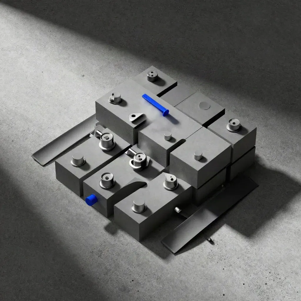 Overhead flat lay of modular grey blocks and a blue connector on pale concrete.