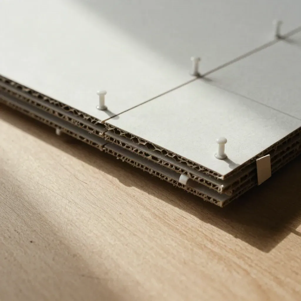Folded paperboard modules and white locator pins locking into a grid on sanded wood