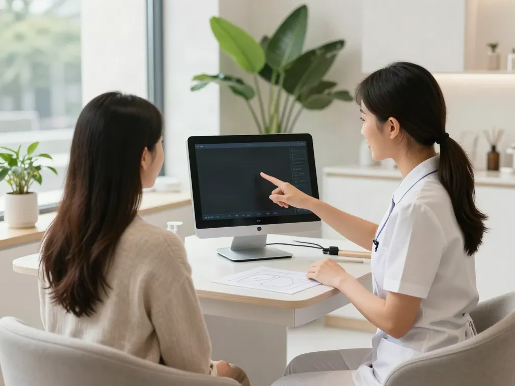 Client exploring Alternatives to QOVES with a beauty specialist in a modern aesthetic clinic.